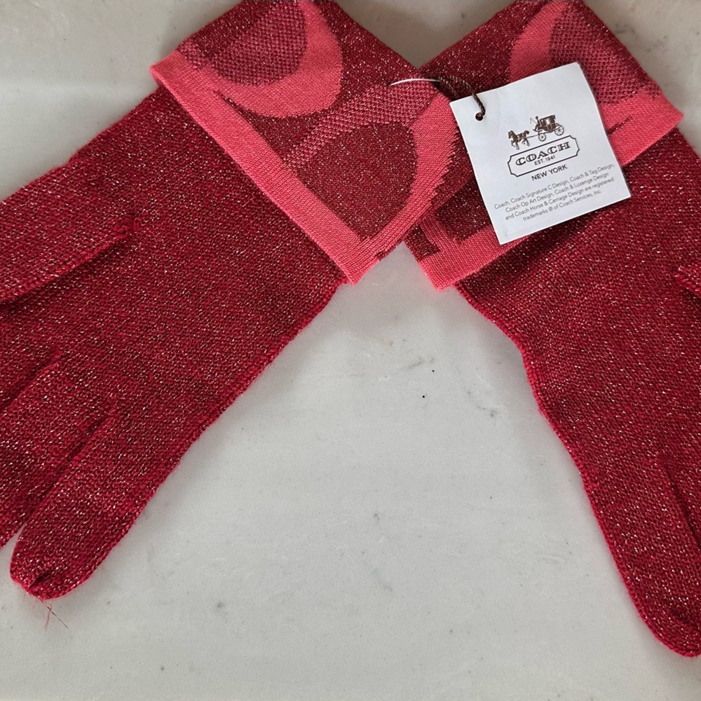 Coach Red and Silver Knit Gloves - Picture 2 of 5